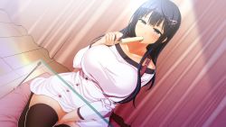 Rule 34 | 1girl, bed, black hair, blush, breasts, curtains, dress, food, game cg, green eyes, highres, holding, ice cream, indoors, kanzen jikan teishi, kneeling, large breasts, legs, long hair, long sleeves, looking at viewer, pillow, satsuki shiho, sexually suggestive, sitting, solo, thighhighs, thighs, uo denim