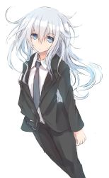 Rule 34 | 10s, 1girl, aqua necktie, blue eyes, collared shirt, expressionless, formal, from above, hair between eyes, hat, hibiki (kancolle), holding, holding clothes, holding hat, kantai collection, long hair, long sleeves, looking at viewer, nao (qqqbb), necktie, pant suit, pants, shirt, simple background, solo, standing, suit, white background, white hair