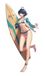 Rule 34 | 1girl, :d, absurdres, ahoge, aqua eyes, badge, barefoot, bikini, black survival, blue eyes, blue hair, blue nails, breasts, character name, collarbone, dark blue hair, earrings, fingernails, hair between eyes, highres, holding, holding surfboard, jacket, jewelry, lips, long sleeves, looking at viewer, nail polish, navel, official alternate costume, official art, one touch, open clothes, open jacket, open mouth, silvia piquet, smile, solo, standing, stomach, surfboard, swimsuit, teeth, toenails, transparent background, upper teeth only, white bikini