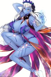 Rule 34 | 1girl, absurdres, anklet, bare shoulders, blue fire, blue skin, blush, body markings, bracelet, breasts, colored skin, earrings, fate/grand order, fate (series), fire, flower, hair flower, hair ornament, hair ribbon, highres, jewelry, kama (fate), kama (swimsuit avenger) (fate), large breasts, long hair, looking at viewer, lotus, nail polish, psyche oreca, revealing clothes, ribbon, silver hair, smile, star (symbol), star earrings, thighs, yellow eyes
