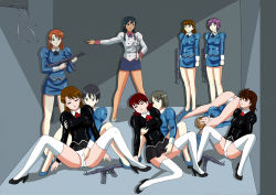 Rule 34 | 6+girls, absurdres, agent aika, aika (series), ass, black delmo, black delmo a, blue delmo, blue delmo b, blue delmo u, blue delmo v, blue hair, blue skirt, breasts, brown hair, buttons, closed eyes, crotch seam, delmo, delmogeny uniform, dress, fainting, high heels, highres, huge filesize, indoors, jacket, juliet sleeves, long hair, long sleeves, lying, miniskirt, multiple girls, naomi (agent aika), on back, on floor, open mouth, panties, pencil skirt, puffy long sleeves, puffy sleeves, ribbon, sae (agent aika), skirt, socks, thighhighs, thighs, unconscious, underwear, uniform, white delmo, white delmo p, white jacket, white legwear, white panties, xfqn, yuri