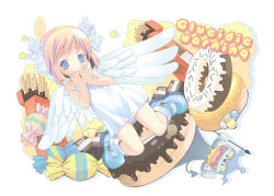 Rule 34 | 1girl, angel, angel wings, blonde hair, blue eyes, blue footwear, blush, candy, candy wrapper, chocolate, covering own mouth, doughnut, dress, feathered wings, food, halo, hand to own mouth, highres, kneeling, looking at viewer, mary janes, original, pocky, pop (electromagneticwave), ribbon, shoes, short dress, short hair, socks, solo, sundress, thighs, white dress, white wings, wings