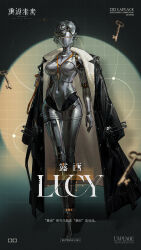 Rule 34 | 1girl, black coat, breasts, character name, chinese text, circle, coat, coat on shoulders, copyright name, english text, faceless, facing viewer, full body, green background, grid background, highres, humanoid robot, id card, joints, key, lanyard, large breasts, logo, long sleeves, lucy (reverse:1999), metal skin, navel, official art, overcoat, reverse:1999, robot, robot girl, robot joints, short hair, solo, standing