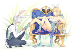 Rule 34 | 1boy, 1girl, animal ears, ascot, bare shoulders, barefoot, black pants, blonde hair, blue panties, blue upholstery, butler, cake, closed eyes, couch, dress, feet on chair, food, frilled dress, frills, green eyes, hair ribbon, hairband, holding another&#039;s foot, lace, legs, macaron, mochi, nagu, nail polish, original, panties, pants, pantyshot, rabbit ears, rabbit tail, ribbon, saddle shoes, shoes, sitting, squatting, strapless, strapless dress, table, tail, tank top, tiered serving stand, toeless legwear, toes, underwear, wagashi, waistcoat