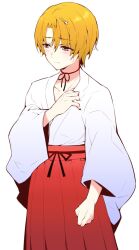 Rule 34 | 1boy, arm at side, blonde hair, clenched hand, closed mouth, collarbone, commentary request, cosplay, cowboy shot, crossdressing, embarrassed, eyes visible through hair, frown, hair between eyes, hair ornament, hairclip, hakama, highres, higurashi no naku koro ni, houjou satoshi, japanese clothes, kimono, long sleeves, looking to the side, miko, neck ribbon, nose, pink eyes, red hakama, red ribbon, ribbon, short hair, simple background, solo, stasis tank, steins;gate, suzuragi karin, sweatdrop, urushibara ruka, urushibara ruka (cosplay), white background, white kimono, wide sleeves