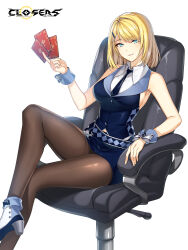 Rule 34 | 1girl, alternate hair color, ankle boots, bare arms, bare shoulders, belt, blonde hair, blue belt, blue bow, blue eyes, blue footwear, blue necktie, blue skirt, blue vest, blue wrist cuffs, bob cut, boots, bow, breasts, brown pantyhose, card, chair, closers, collared shirt, copyright name, crossed legs, croupier, dress shirt, fold-over boots, foot out of frame, footwear bow, grin, hair ornament, hairclip, hand up, harpy (closers), high heels, highres, holding, holding card, impossible clothes, impossible shirt, impossible vest, knee up, large breasts, leg up, logo, looking at viewer, midriff peek, miniskirt, mole, mole under eye, necktie, office chair, official art, on chair, pantyhose, pencil skirt, playing card, shirt, short hair, sideboob, sitting, skirt, sleeveless, sleeveless shirt, smile, solo, swept bangs, swivel chair, two-tone footwear, vest, waistcoat, white background, white bow, white footwear, white shirt, wrist bow, wrist cuffs