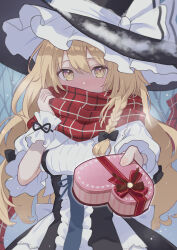 Rule 34 | 1girl, ahase hino, blush, bow, box, braid, covered mouth, foreshortening, full-face blush, gift, gift box, hat, hat bow, heart-shaped box, highres, holding, holding box, holding gift, incoming gift, kirisame marisa, long hair, looking at viewer, plaid, plaid scarf, scarf, scarf over mouth, solo, touhou, valentine, witch hat, yellow eyes