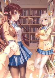 Rule 34 | 2girls, against wall, ahoge, black legwear, blazer, blue eyes, blue skirt, blush, book, bookshelf, bow, bowtie, braid, breasts, brown hair, brown jacket, closed mouth, collared shirt, commentary request, copyright request, cowboy shot, crossed arms, day, grabbing another&#039;s hand, hair bun, hair ribbon, highres, indoors, jacket, library, lightning glare, long hair, long sleeves, medium breasts, miniskirt, mole, mole under eye, multiple girls, official art, pantyhose, pink eyes, plaid neckwear, pleated skirt, pocket, pov, ribbon, rosuuri, school uniform, shadow, shirt, shirt tucked in, shoes, side ponytail, sidelocks, silver hair, single hair bun, skirt, smirk, stare down, sweater, thighhighs, v-neck, watermark, white footwear, white legwear, white shirt, wing collar, wooden floor, yellow sweater, zettai ryouiki