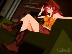 Rule 34 | 1girl, blue eyes, boots, breasts, cleavage, couch, cowboy boots, cowboy hat, doctor xadium, freckles, gemini sunrise, hat, head tilt, highres, katana, large breasts, leather skirt, crossed legs, long hair, looking at viewer, looking down, midriff, red hair, sakura taisen, sakura taisen v, sitting, smile, solo, sword, tank top, weapon