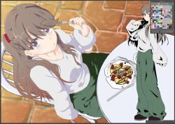Rule 34 | 1girl, art program in frame, baggy pants, breasts, brown hair, butter knife, cel shading, cleavage, closed mouth, collarbone, commentary, food, fork, from above, fruit, fujishima megumi, full body, green pants, grey shirt, holding, holding fork, link! like! love live!, long hair, long sleeves, love live!, medium breasts, multiple views, on chair, pancake, pants, plate, puffy long sleeves, puffy sleeves, purple eyes, raised eyebrow, rakinegimagi, shirt, shoes, simple background, sitting, sleeves past wrists, strawberry, table, two side up, unfinished, virtual youtuber, white background