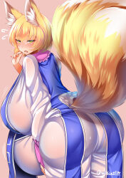 Rule 34 | 1girl, absurdres, animal ears, ass, blonde hair, blue tabard, blush, breasts, dress, fox ears, fox girl, fox tail, from behind, gigantic breasts, highres, looking back, multiple tails, open mouth, pregnant, red nails, see-through, see-through dress, short hair, simple background, solo, tabard, tail, touhou, twitter username, wildcat (kusonemi), yakumo ran, yellow eyes