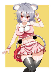 Rule 34 | 1girl, animal ears, belly, black thighhighs, blush, breasts, fat rolls, female focus, highres, large breasts, looking at viewer, midriff, mouse ears, mouse tail, navel, nazrin, nekoro (nekokabuto), open mouth, pink skirt, red eyes, short hair, silver hair, simple background, skirt, solo, tail, thick thighs, thighhighs, thighs, touhou, yellow background, zettai ryouiki
