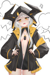 Rule 34 | 1girl, absurdres, black jacket, black shirt, breasts, commentary request, fang, gluteal fold, grey hair, highres, hood, hooded jacket, horns through hood, jacket, karenina: blast (punishing: gray raven), karenina (punishing: gray raven), navel, ningmengege, open clothes, open mouth, open shirt, orange eyes, punishing: gray raven, shirt, short hair with long locks, skin fang, small breasts, white background