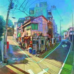 Rule 34 | bicycle, city, day, fisheye, hashimoto reina, lamppost, no humans, oil painting (medium), original, painting (medium), postbox, power lines, real world location, road, road sign, scenery, shade, sign, sky, street, sunlight, tokyo (city), town, traditional media, trash can, tree, vanishing point