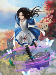 Rule 34 | 1girl, alice: madness returns, alice (alice in wonderland), alice in wonderland, alice liddell (american mcgee&#039;s alice), american mcgee&#039;s alice, american mcgee's alice, animification, apron, black hair, blood, boots, bug, butterfly, dice, empty eyes, gjred, green eyes, highres, insect, jewelry, knife, long hair, necklace, pantyhose, solo, striped clothes, striped pantyhose, sword, weapon