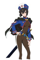 Rule 34 | 1girl, absurdres, black hair, bodysuit, capelet, chloe valens, covered navel, cropped legs, hand on own hip, hat, highres, jacket, long sleeves, nakazawa kazuto, official art, short hair, smile, solo, sword, tales of (series), tales of legendia, transparent background, weapon, yellow eyes