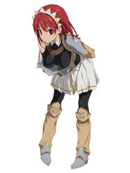 Rule 34 | 00s, 1girl, armor, bad id, bad pixiv id, bodysuit, boots, breasts, cecily cambell, downblouse, hanging breasts, highres, impossible clothes, impossible shirt, koku, leaning forward, leotard, pantyhose, red eyes, red hair, seiken no blacksmith, shirt, shoulder pads, skin tight, solo, thighhighs