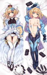 Rule 34 | 10s, 1girl, baby magnum, bare shoulders, blonde hair, blue eyes, blush, bodysuit, breasts, commentary request, crown, dakimakura (medium), detached sleeves, dress, full body, hairband, heavy object, highres, legs, looking at viewer, lying, milinda brantini, mini crown, multiple views, navel, nipples, no bra, on back, open clothes, panties, pussy, short hair, sketch, small breasts, smile, thighhighs, uncensored, underwear, white panties, white thighhighs, yaguo