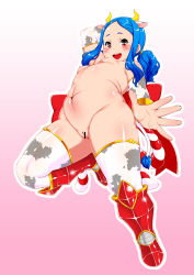 Rule 34 | 1girl, animal ears, animal print, arm behind head, bare shoulders, blue hair, blush, boots, breasts, censored, commentary request, cow print, detached sleeves, dot nose, forehead, full body, gradient background, highres, horns, knee boots, long hair, looking at viewer, mura-san, navel, nipples, open mouth, original, outstretched arm, ponytail, pussy, red eyes, red footwear, sidelocks, simple background, small breasts, solo, tail, thick thighs, thighhighs, thighs, white thighhighs