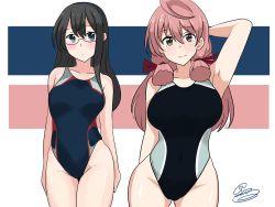 2girls absurdres akashi_(kancolle) alternate_costume arm_behind_head armpits black_hair black_one-piece_swimsuit blue_eyes blue_hairband blush breasts competition_swimsuit cowboy_shot glasses green_eyes hair_between_eyes hair_ribbon hairband highres kantai_collection large_breasts long_hair looking_at_viewer multiple_girls noruren one-piece_swimsuit ooyodo_(kancolle) pink_hair red_ribbon ribbon signature small_breasts smile swimsuit tress_ribbon