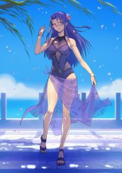 Rule 34 | 1girl, absurdres, bare legs, blue sky, bracelet, braid, breasts, cleavage, commission, covered navel, day, fate (series), flower, full body, gluteal fold, hair flower, hair ornament, highres, jewelry, lipstick, long hair, looking at viewer, makeup, medea (fate), nail polish, navel, one-piece swimsuit, outdoors, parted lips, petals, pointy ears, purple eyes, purple hair, purple one-piece swimsuit, sandals, sarong, second-party source, side braid, sidelocks, sky, solkorra, solo, standing, standing on one leg, swimsuit