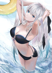 Rule 34 | 1girl, alternate costume, armpits, arms up, bikini, black bikini, black ribbon, blue eyes, blue hair, breasts, cleavage, commentary, fate/grand order, fate (series), gradient hair, grey hair, hair ribbon, innertube, long hair, looking at viewer, medium breasts, morgan le fay (fate), multicolored hair, partially submerged, ribbon, solo, swim ring, swimsuit, tte (t ombi), two-tone hair, very long hair, water, wet, yellow innertube