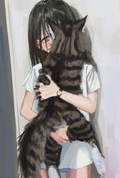 Rule 34 | 1girl, absurdres, animal, animal focus, ass grab, black hair, blush, cat, covered mouth, cowboy shot, gishiki (gshk), gluteal fold, grabbing another&#039;s ass, grey eyes, head tilt, highres, holding, holding animal, holding cat, long hair, looking at viewer, one eye covered, original, panties, purple panties, shirt, short sleeves, solo, underwear, watch, white shirt, wristwatch