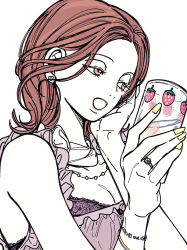 Rule 34 | 1girl, 1poppy, bracelet, breasts, brown eyes, brown hair, cup, drinking glass, earrings, hand on own cheek, hand on own face, heart, heart earrings, highres, holding, holding cup, jewelry, komatsu nana, long hair, looking to the side, medium breasts, nail polish, nana (series), open mouth, ring, yellow nails