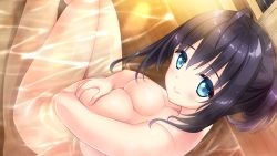 Rule 34 | 1girl, ahoge, bathing, bathtub, black hair, blue eyes, blush, breast hold, breasts, closed mouth, completely nude, from above, game cg, hair between eyes, hair bun, highres, indoors, legs together, looking at viewer, medium breasts, mizuno sao, nude, partially submerged, pulltop, sidelocks, sitting, smile, solo, thighs, wet