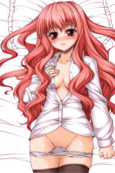Rule 34 | 00s, black thighhighs, bottomless, louise francoise le blanc de la valliere, no bra, open clothes, open shirt, panties, panty pull, pink hair, red hair, shirt, solo, thighhighs, underwear, white panties, yoshida inuhito, zero no tsukaima