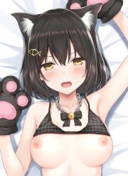 Rule 34 | 1girl, animal ears, animal hands, black hair, blush, bow, breasts, cat, cat ears, chain, collarbone, commentary request, fangs, hair ornament, hairclip, jewelry, karutamo, looking at viewer, lying, medium breasts, necklace, nipples, on back, original, short hair, simple background, solo, white background