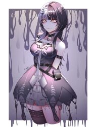 Rule 34 | am creee, black hair, breast strap, breasts, choker, cleavage, dress, highres, hololive, hololive english, lace, lace-trimmed choker, lace trim, long hair, medium breasts, multicolored hair, ribbon, shiori novella, shiori novella (1st costume), single thighhigh, smile, spikes, tagme, thighhighs, virtual youtuber, white hair, white ribbon, yellow eyes