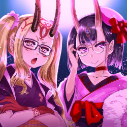 Rule 34 | 2girls, blonde hair, fate/grand order, fate (series), glasses, horns, ibaraki douji (fate), japanese clothes, kimono, looking at viewer, moon, multiple girls, oni, open mouth, purple hair, shuten douji (fate), slit pupils, smile, tagme