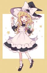 Rule 34 | 1girl, :d, apron, black dress, black footwear, black hat, blonde hair, bow, bracelet, braid, commentary, dot nose, dress, eyebrows hidden by hair, flask, footwear bow, frilled dress, frills, grey bow, hair bow, hands up, hat, hat bow, high heels, highres, holding, holding flask, holding test tube, jewelry, kirisame marisa, long hair, looking at viewer, mozukuzu (manukedori), open mouth, simple background, smile, socks, solo, standing, star (symbol), striped, striped bow, teeth, test tube, touhou, wavy hair, white apron, white bow, white socks, witch hat, yellow eyes