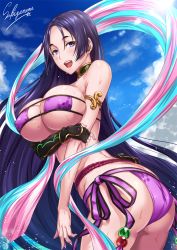 Rule 34 | 1girl, arm guards, armlet, artist name, ass, back, bare arms, bare shoulders, beads, bikini, black gloves, blue sky, breast hold, breasts, choker, cloud, cloudy sky, collarbone, commentary request, covered erect nipples, curvy, day, elbow gloves, eyepatch bikini, fate/grand order, fate (series), fingerless gloves, gloves, gold trim, happy, hip focus, large breasts, long hair, looking at viewer, looking to the side, minamoto no raikou (fate), minamoto no raikou (fate/grand order), minamoto no raikou (swimsuit lancer) (fate), minamoto no raikou (swimsuit lancer) (third ascension) (fate), nail polish, open mouth, outdoors, parted bangs, pink nails, pouch, purple bikini, purple eyes, purple hair, rope, sakiyamama, sash, side-tie bikini bottom, signature, single glove, sky, smile, solo, swimsuit, teeth, thighs, tongue, very long hair, wet