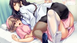 Rule 34 | 2girls, :o, absurdres, akagi mio, amagi ryou, ass, bed, black hair, blonde hair, blush, boku to joi no shinsatsu nisshi, breasts, brown eyes, closed mouth, embarrassed, from behind, game cg, groin, hat, high heels, highres, indoors, lab coat, large breasts, leg up, legs, long hair, looking at another, lying, lying on person, monety, multiple girls, nurse, nurse cap, on bed, on stomach, open mouth, original, panties, pantyhose, pantyshot, pillow, skirt, smile, spread legs, thighhighs, thighs, underwear, uniform