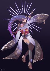 Rule 34 | 1girl, absurdres, armor, braid, closed mouth, drawing sword, floating, flower, franniexo, from behind, genshin impact, hair flower, hair ornament, high heels, highres, holding, holding sword, holding weapon, japanese clothes, kimono, long braid, long hair, looking at viewer, looking back, midair, purple eyes, purple hair, purple kimono, raiden shogun, shoulder armor, single braid, solo, sword, thighhighs, very long hair, weapon