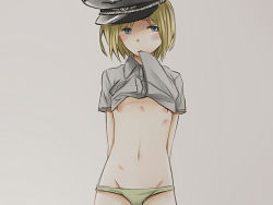 Rule 34 | 1girl, arms behind back, bai lao shu, blonde hair, blue eyes, blush, breasts, clothes lift, erica hartmann, expressionless, green panties, grey background, grey shirt, groin, hat, looking at viewer, loose panties, military hat, mouth hold, navel, no bra, panties, peaked cap, petite, shirt, shirt lift, short hair, small breasts, solo, strike witches, underwear, world witches series