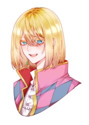 Rule 34 | 1boy, :d, absurdres, baihua er, blonde hair, blue eyes, cropped torso, hair between eyes, highres, howl (howl no ugoku shiro), howl no ugoku shiro, jacket, male focus, medium hair, open mouth, pink jacket, portrait, shirt, smile, solo, teeth, upper teeth only, white background, white shirt