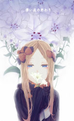 Rule 34 | 1girl, abigail williams (fate), absurdres, bad id, bad pixiv id, black bow, black dress, blonde hair, blue eyes, bow, commentary request, dress, fate/grand order, fate (series), floral print, flower, hair bow, half-closed eyes, highres, lily (flower), long hair, looking at viewer, multiple hair bows, orange bow, parted bangs, polka dot, polka dot bow, sleeves past fingers, sleeves past wrists, solo, user cdau7875, white flower