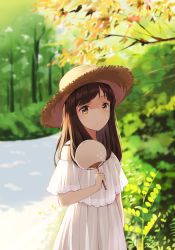 Rule 34 | 1girl, arm at side, bare shoulders, blurry, blurry background, brown hair, closed mouth, day, dress, expressionless, hand fan, forest, hat, highres, holding, holding fan, lace, lace-trimmed dress, lace trim, levi9452, light particles, long hair, looking at viewer, nature, off-shoulder dress, off shoulder, original, outdoors, paper fan, see-through, solo, standing, straw hat, stream, summer, uchiwa, white dress, yellow eyes