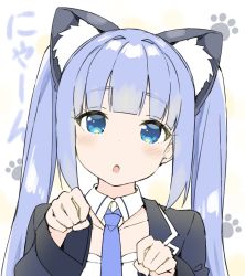 Rule 34 | 1girl, animal ear fluff, animal ears, azur lane, black jacket, blue eyes, blue necktie, cat day, cat ears, collar, detached collar, head tilt, highres, jacket, light purple hair, long sleeves, looking at viewer, necktie, open mouth, paw pose, paw print, portrait, sky-freedom, solo, twintails, vincennes (azur lane)