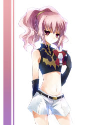 Rule 34 | 00s, 1girl, anya alstreim, arm at side, belt, black gloves, code geass, cowboy shot, elbow gloves, expressionless, flat chest, gloves, hair ornament, long hair, looking at viewer, midriff, navel, pink eyes, pink hair, ponytail, red eyes, shorts, sleeveless, solo, stomach, suzushiro kurumi, white background, white shorts
