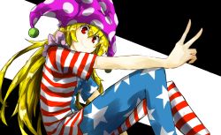 Rule 34 | 1girl, :&gt;, american flag dress, bad id, bad pixiv id, blonde hair, clownpiece, hat, highres, jester cap, kankan33333, long hair, pantyhose, red eyes, smile, solo, striped clothes, striped pantyhose, touhou, v