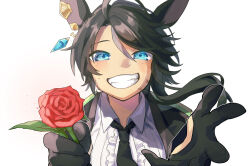 Rule 34 | 1girl, ahoge, animal ears, black gloves, black hair, black jacket, black necktie, blue eyes, center frills, collared shirt, dirty, dirty face, ear ornament, floating hair, flower, frilled shirt, frills, fuji kiseki (umamusume), gloves, grin, half gloves, hands up, highres, holding, holding flower, horse ears, isobee, jacket, long hair, looking at viewer, necktie, open clothes, open jacket, parted bangs, red flower, red rose, rose, shirt, simple background, smile, solo, spread fingers, sweat, umamusume, upper body, white background, wing collar