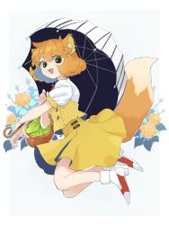 1girl animal_ears basket black_eyes brown_hair flower fox_ears fox_girl fox_tail holding holding_umbrella open_mouth orange_flower outline ruoshui_(the_legend_of_luoxiaohei) sen_juge shirt shoes short_hair short_sleeves skirt smile socks solo tail luo_xiaohei_zhanji umbrella white_outline white_shirt yellow_skirt