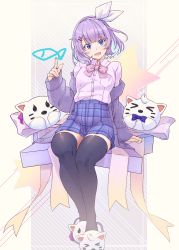 Rule 34 | 1girl, absurdres, black thighhighs, blue eyes, blue hair, blue skirt, bow, bowtie, breast pocket, cardigan, collared shirt, colored inner hair, dress shirt, hair ornament, hairband, hairclip, highres, long sleeves, looking at viewer, mascot, miniskirt, multicolored hair, nail polish, nijisanji, nijisanji kr, nun bora, nun bora (2nd costume), off shoulder, open cardigan, open clothes, open mouth, pink bow, plaid, plaid skirt, pleated skirt, pocket, purple cardigan, purple hair, purple nails, ruo19, school uniform, shirt, short hair, sitting, skirt, sleeves past wrists, slippers, smile, solo, stuffed toy, thighhighs, virtual youtuber, white hairband, white shirt, zettai ryouiki