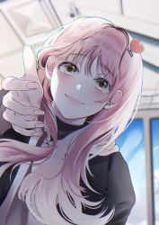 Rule 34 | 1girl, bad id, bad twitter id, blunt bangs, green eyes, hair ornament, hair over shoulder, heart, heart hair ornament, highres, jina, lens flare, light blush, light smile, long hair, looking at viewer, original, outstretched hand, pink hair, reaching, reaching towards viewer, shadow, solo, tareme, upper body