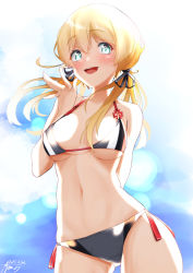 Rule 34 | 1girl, aqua eyes, arm behind back, ayuman, bikini, blonde hair, breasts, commission, cowboy shot, grey bikini, halterneck, highres, kantai collection, large breasts, long hair, looking at viewer, multicolored bikini, multicolored clothes, navel, prinz eugen (kancolle), side-tie bikini bottom, solo, standing, swimsuit, twintails