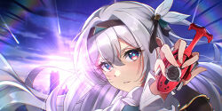 Rule 34 | 1girl, black hairband, commentary, firefly (honkai: star rail), grey hair, hair between eyes, hairband, highres, honkai: star rail, honkai (series), long hair, looking at viewer, midori (user nsaz3272), outdoors, parted lips, portrait, purple eyes, solo